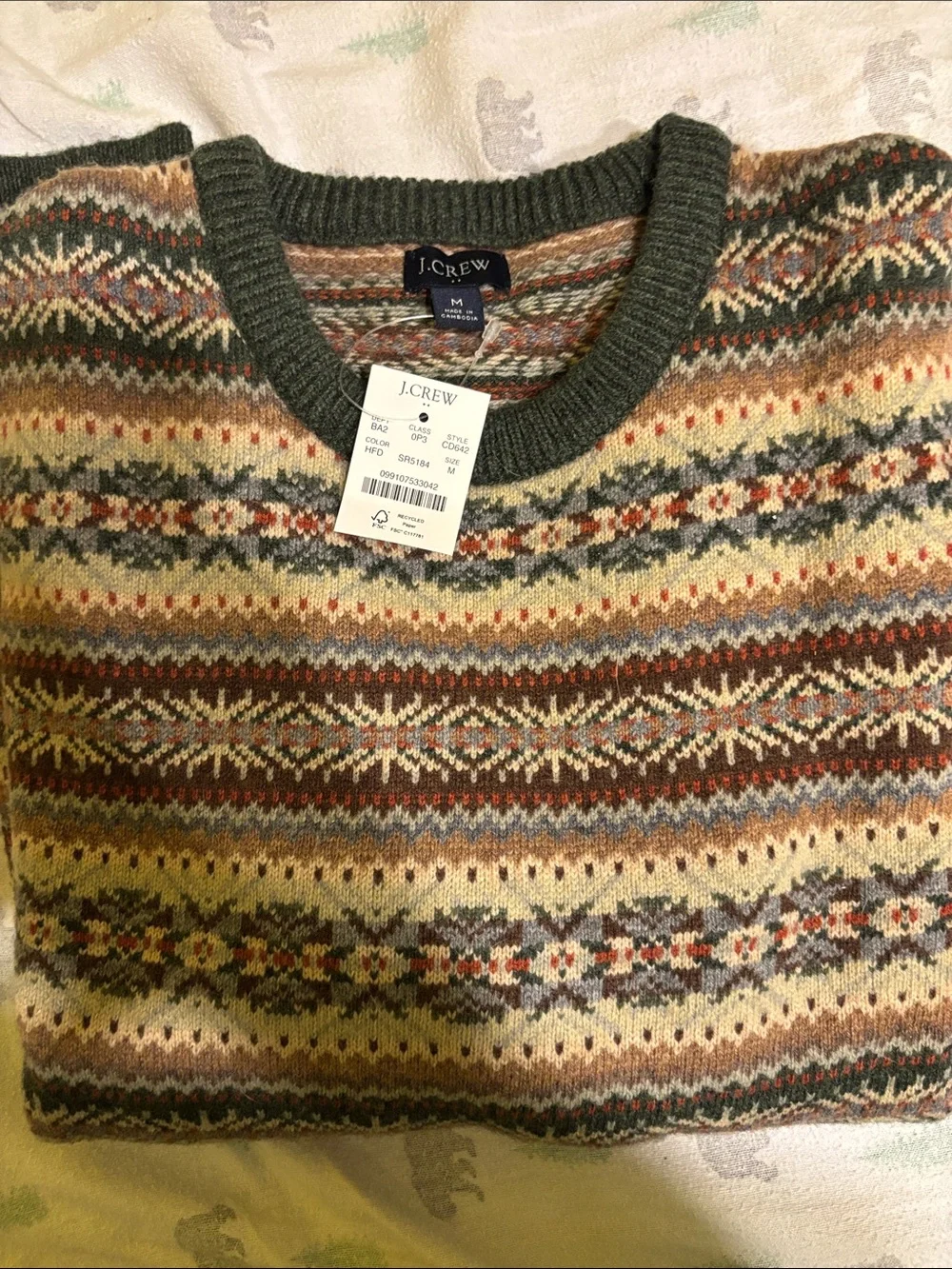 J. Crew Men’s Multi-Color Fair Isle Crewneck Sweater - Green Trim